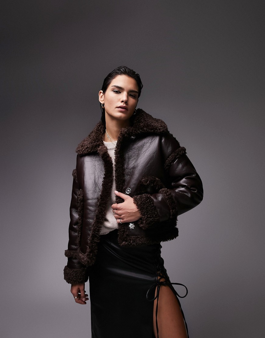 Topshop faux leather cropped car coat with faux fur trims in chocolate-Brown
