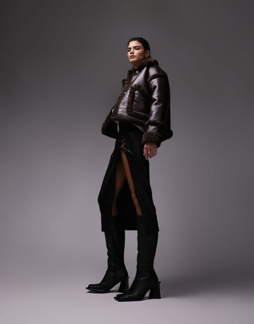 Topshop faux leather cropped car coat with faux fur trims in chocolate , 3 of 4