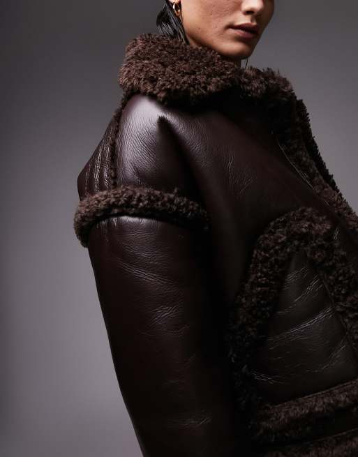 Topshop faux leather cropped car coat with faux fur trims in chocolate , 4 of 4