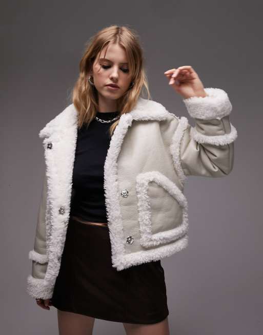 Topshop faux leather cropped car coat with faux fur trims in white