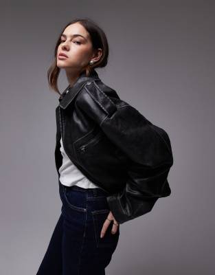 faux leather cropped collar bomber jacket in black