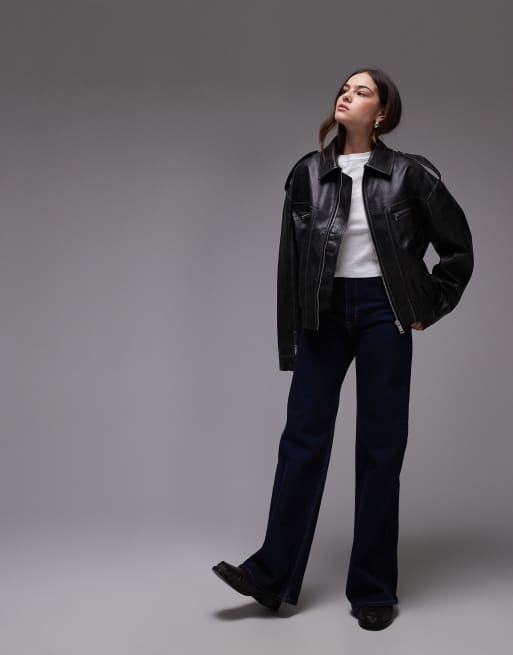 Topshop faux leather cropped collar bomber jacket in black