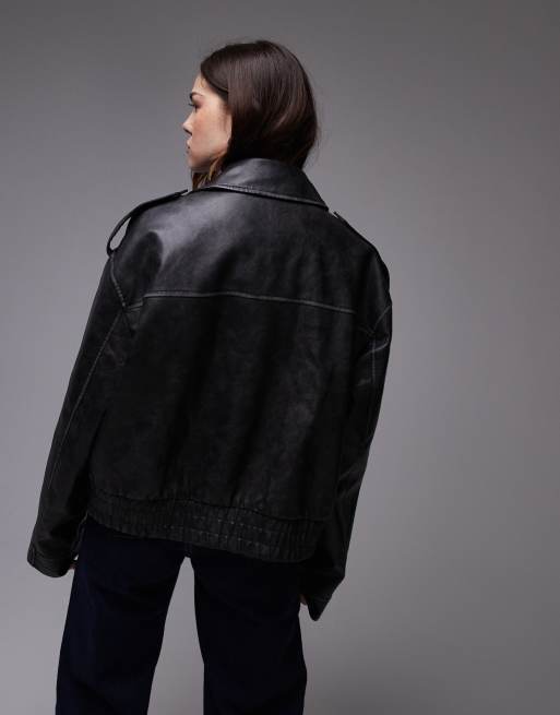 Topshop faux leather cropped collar bomber jacket in black