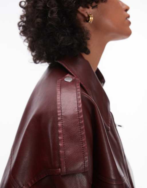 Topshop faux leather cropped collar bomber jacket in burgundy, 2 of 4