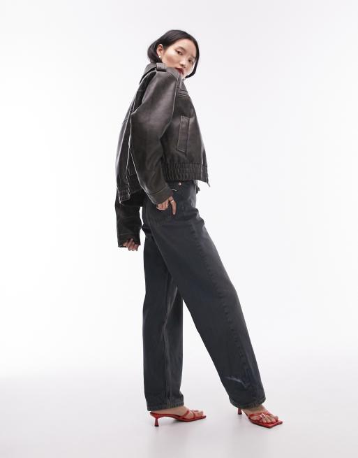 Topshop faux leather cropped collar bomber jacket in washed black, 3 of 4