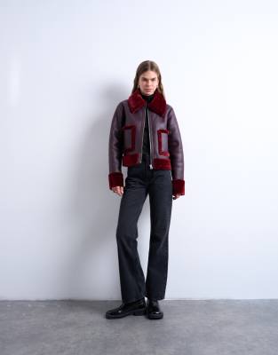 Topshop Faux Leather Cropped Jacket With Red Teddy Contrast-purple In Multi