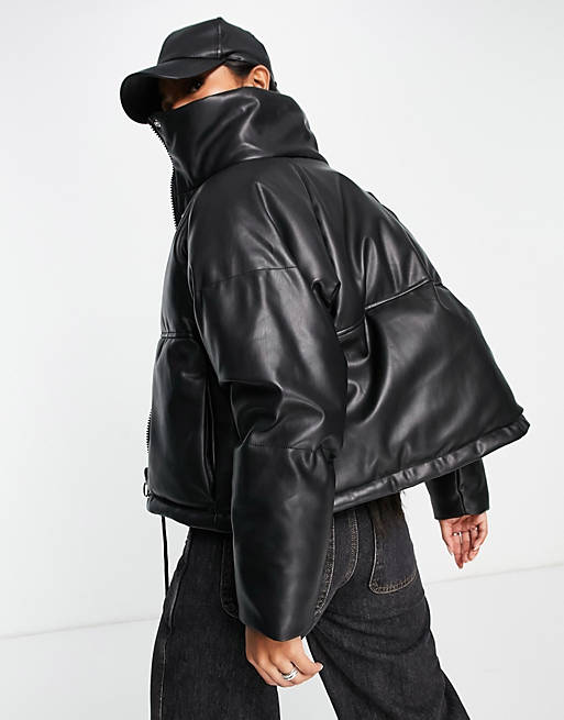 Topshop faux leather cropped puffer jacket in black