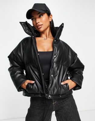Topshop Petite padded crop puffer jacket with hood in black