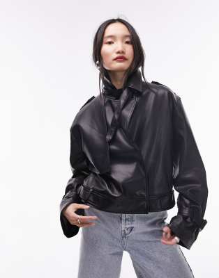 Topshop Faux Leather Cropped Trench Jacket In Black