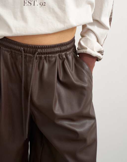 Topshop faux leather culotte pants in brown, 3 of 5