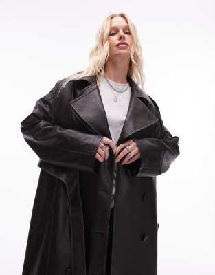 faux leather deconstructed trench coat in black