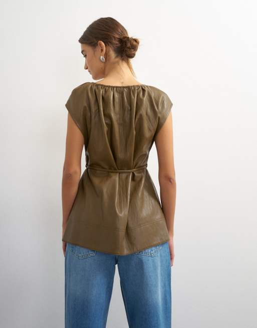 Topshop faux leather deep neckline tie detail top in olive, 3 of 4