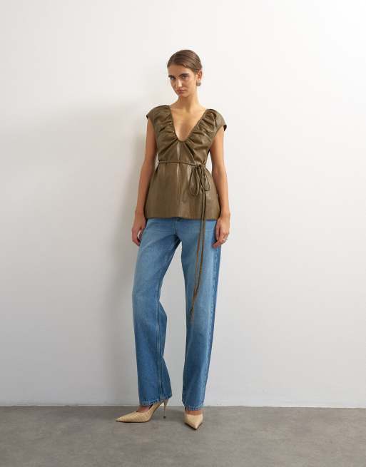 Topshop faux leather deep neckline tie detail top in olive, 4 of 4