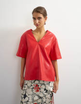 Topshop faux leather deep V neckline top in red