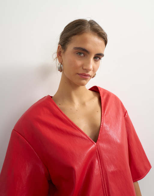 Topshop faux leather deep V neckline top in red, 3 of 4