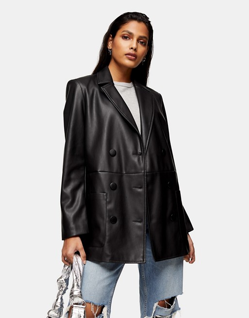 Topshop faux leather double breasted blazer in black