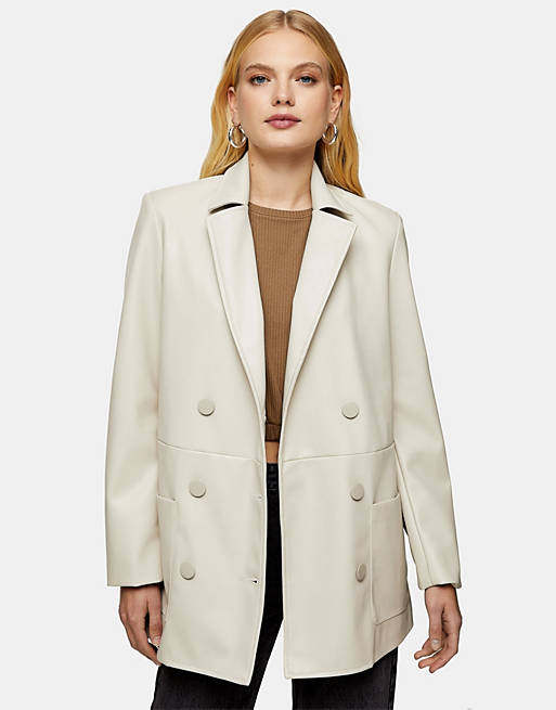 Topshop faux leather double breasted blazer in ecru