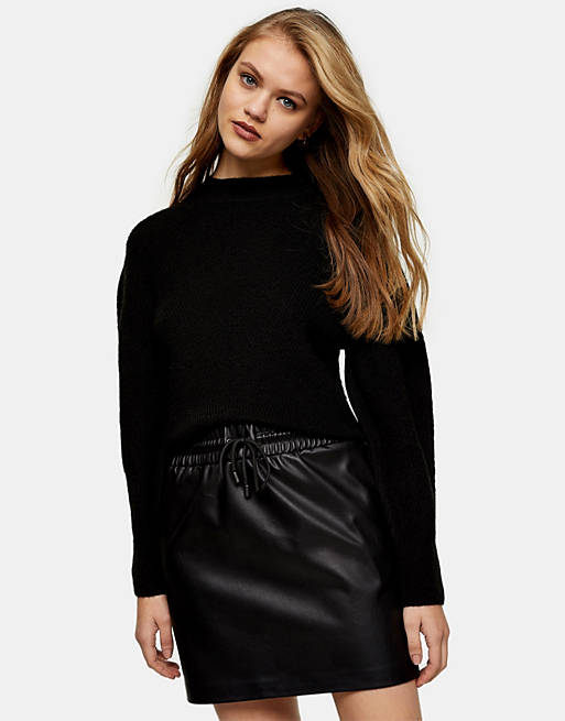 Topshop faux leather drawstring mini skirt in black