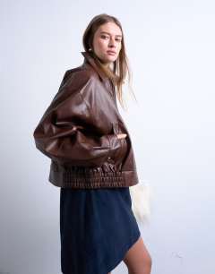 Faux leather drop shoulder cropped zip thru jacket in chocolate