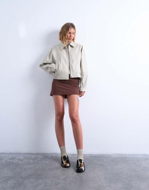 Topshop faux leather drop shoulder cropped zip thru jacket in ecru, 2 of 4
