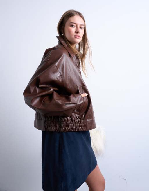 Topshop faux leather dropped shoulders cropped zip up jacket in chocolate
