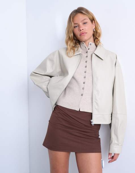 Topshop faux leather dropped shoulders cropped zip up jacket in ecru - view 1