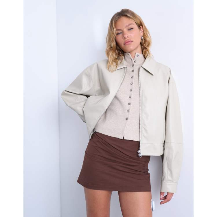 ジャケット・アウター SOFTHYPHEN FAUX LEATHER CROPPED SHIRT Amazon.com: Faux Leather Shirt Women Loose Fit Short Sleeve
