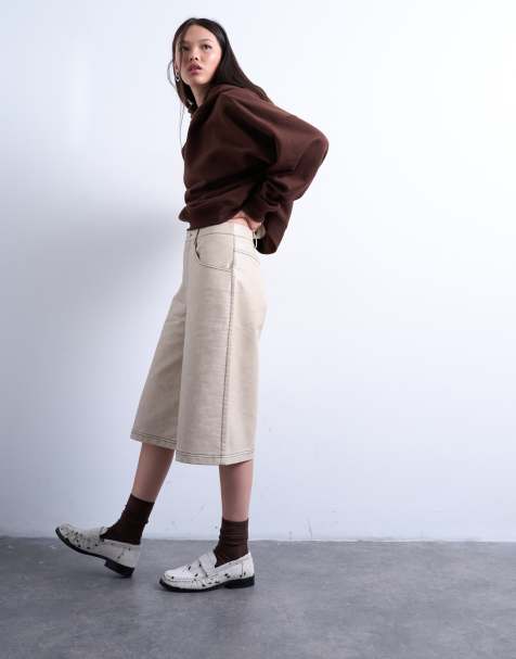 Topshop faux-leather Editor longline shorts in cream - view 1
