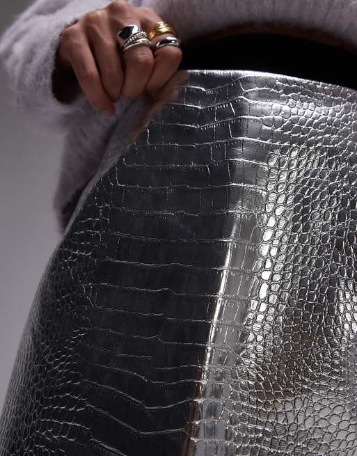 Topshop faux leather editor pelmet skirt in silver snake