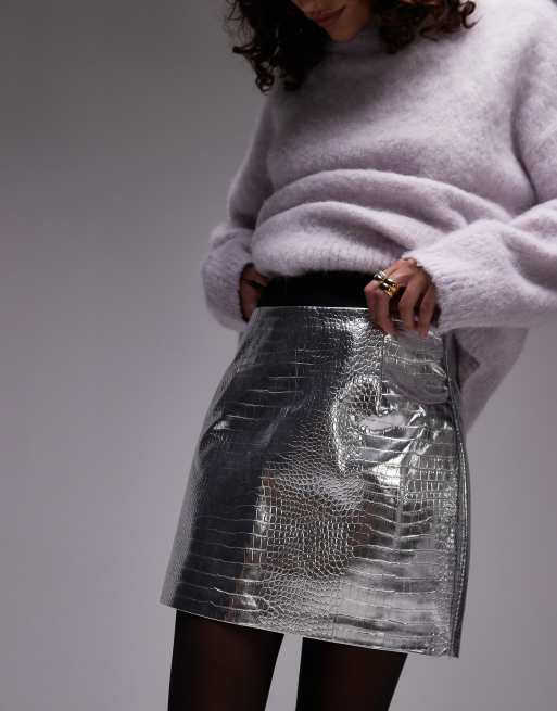Topshop faux leather editor pelmet skirt in silver snake