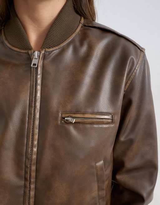 Topshop faux leather fitted bomber jacket in washed brown, 4 of 4