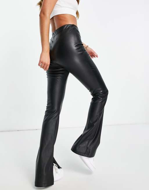 Topshop faux leather flared pants with front slit hem in black