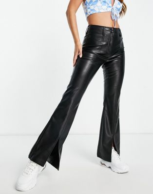 Topshop faux leather flared pants with front slit hem in black