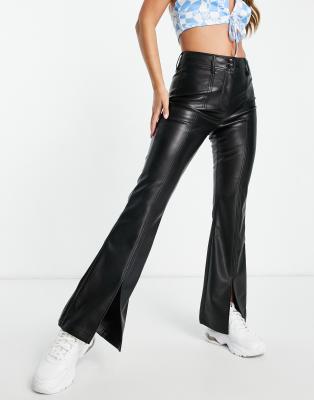 Faux Leather Flared Pants With Front Slit Hem In Black ModeSens