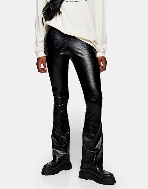 Topshop faux leather flared trousers in black croc print