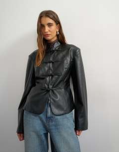 Faux leather frogging fastening blazer in black