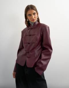 Faux leather frogging fastening blazer in fig