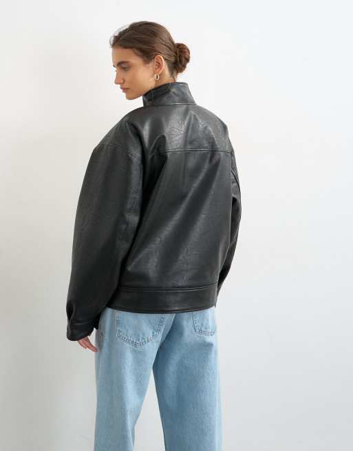 Topshop faux leather funnel button through jacket in black, 3 of 4