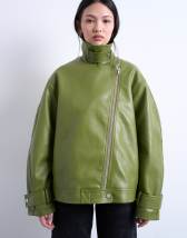 Topshop faux leather funnel neck biker jacket in green