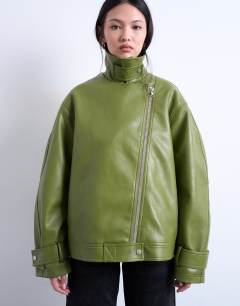 Faux leather funnel neck biker jacket in green