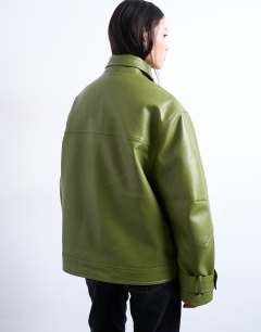 Model wearing Faux leather funnel neck biker jacket in green