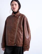 Topshop faux leather funnel neck biker jacket in washed brown