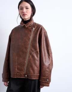 Faux leather funnel neck biker jacket in washed brown
