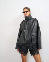 Topshop faux leather funnel neck drawstring bomber in black