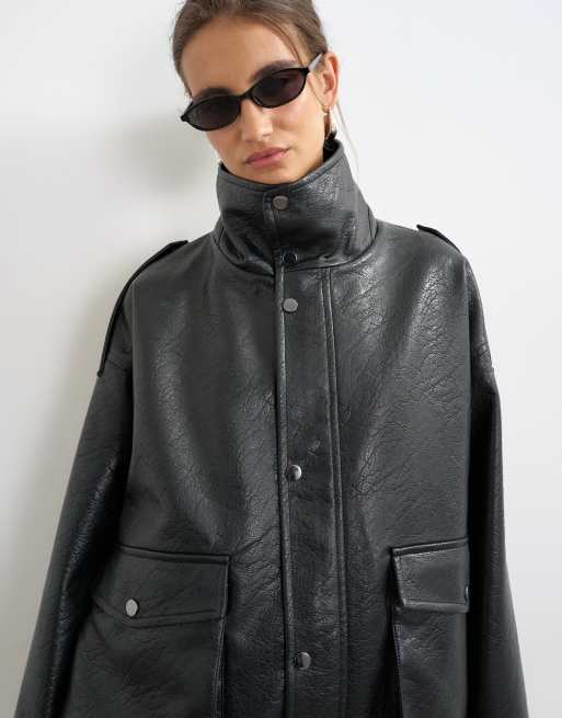 Topshop faux leather funnel neck drawstring bomber in black, 2 of 4