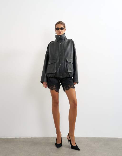 Topshop faux leather funnel neck drawstring bomber in black, 3 of 4