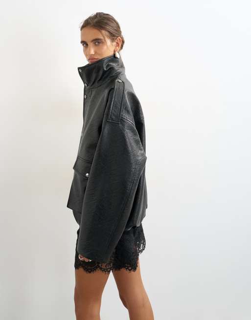 Topshop faux leather funnel neck drawstring bomber in black, 4 of 4
