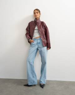 Faux leather funnel neck drawstring bomber in burgundy