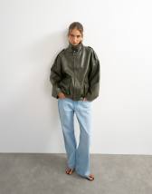 Topshop faux leather funnel neck drawstring bomber in green
