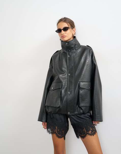 Topshop faux leather funnel neck drawstring bomber jacket in black - view 1